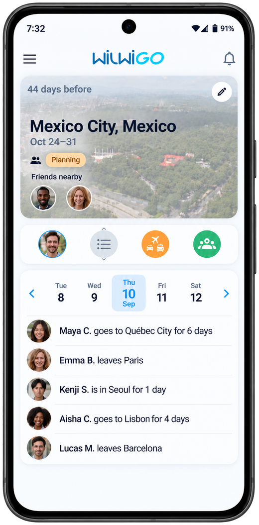 Wilwigo Events screen showing a Mexico City trip, friends nearby, and friends' travel activity