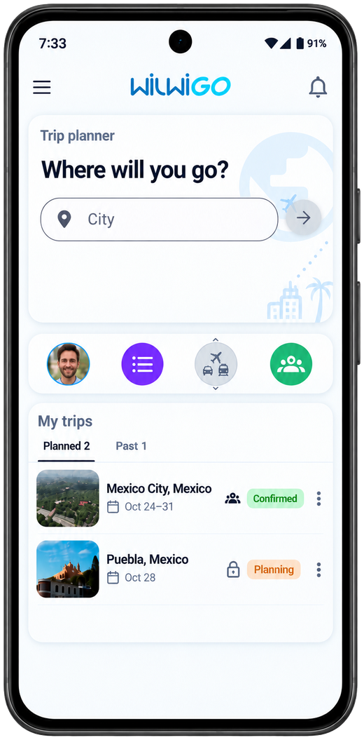 Wilwigo Trip planner and My trips screen showing confirmed and private travel plans